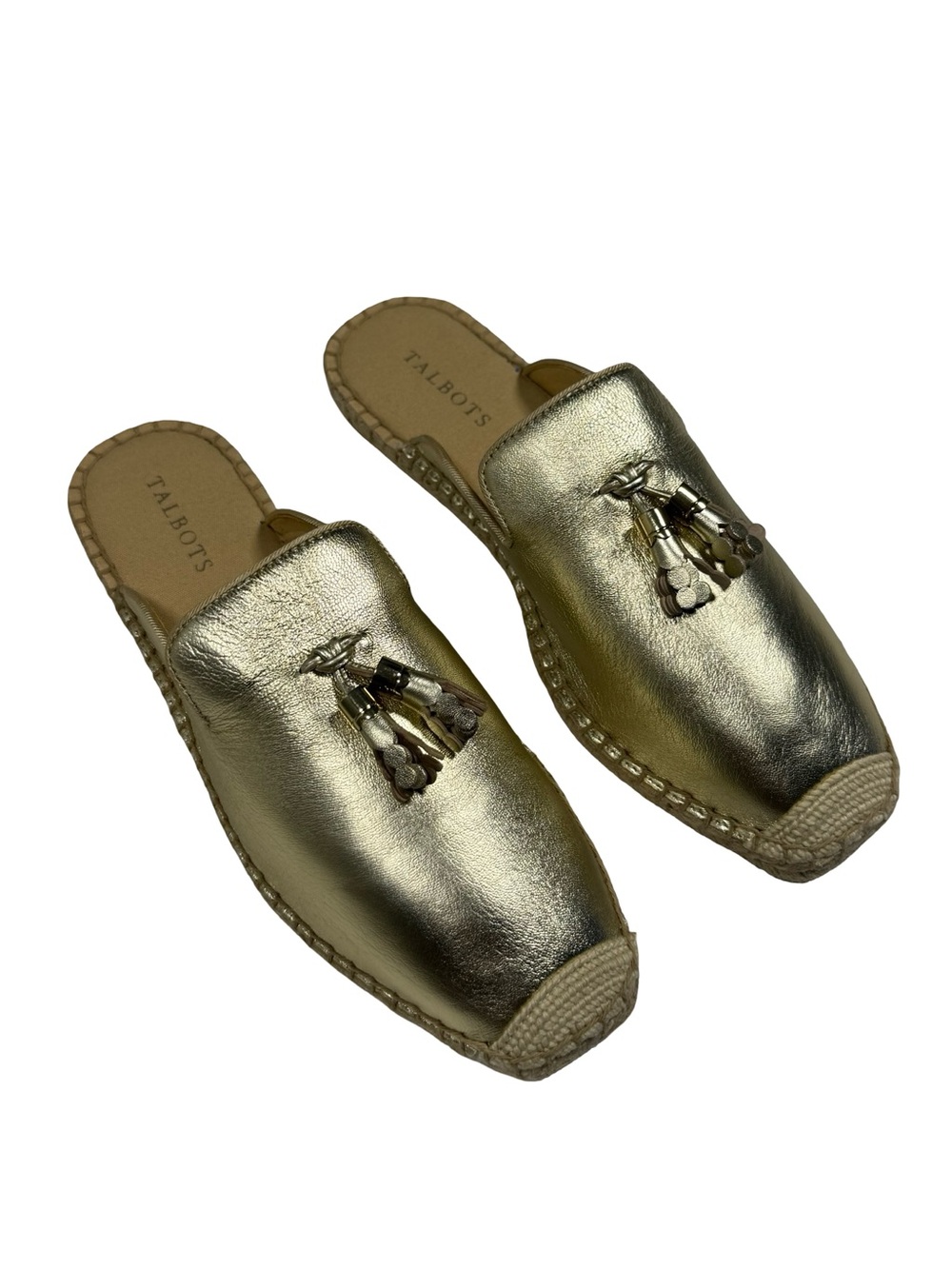 Talbots Lizzy Gold Metallic Nappa Leather Espadrille Mules 10.5M Resort Chic